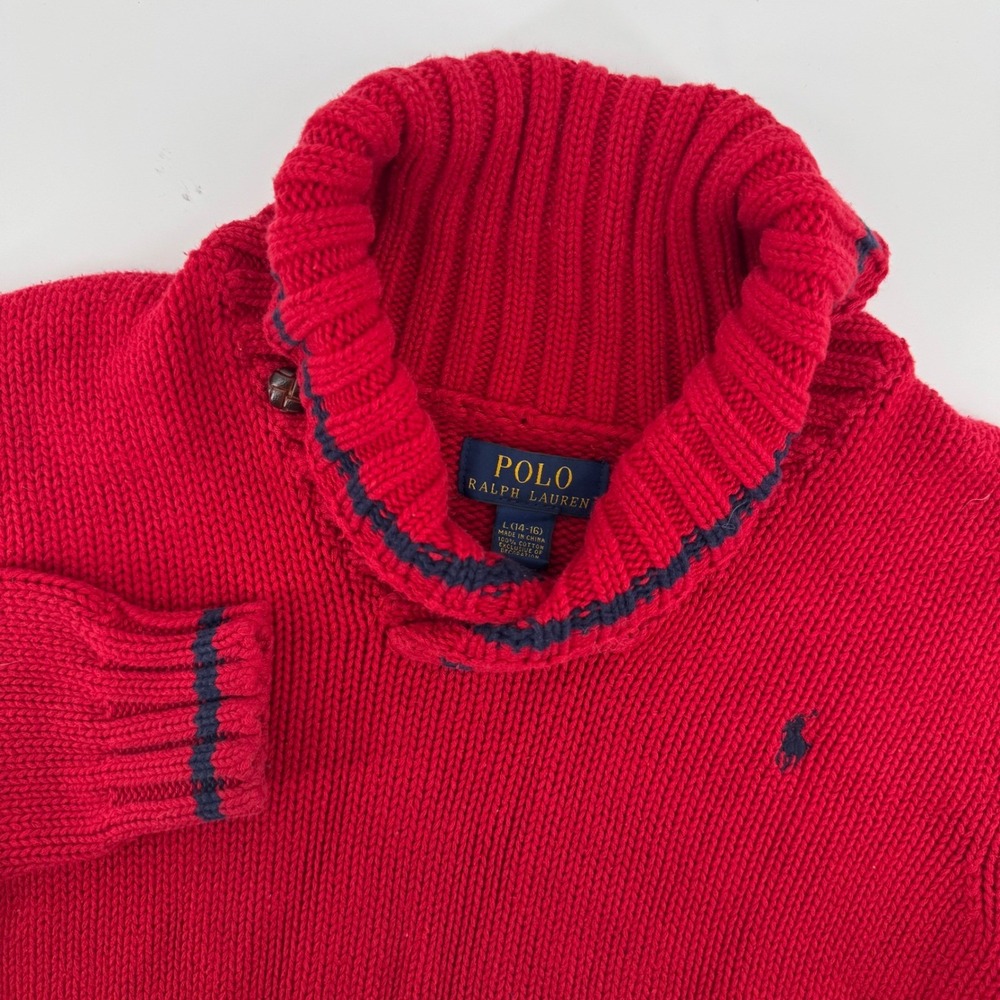 Polo Ralph Lauren Shawl Collar Sweater Kids L 14-16 Red Navy Pony Heavy Knit